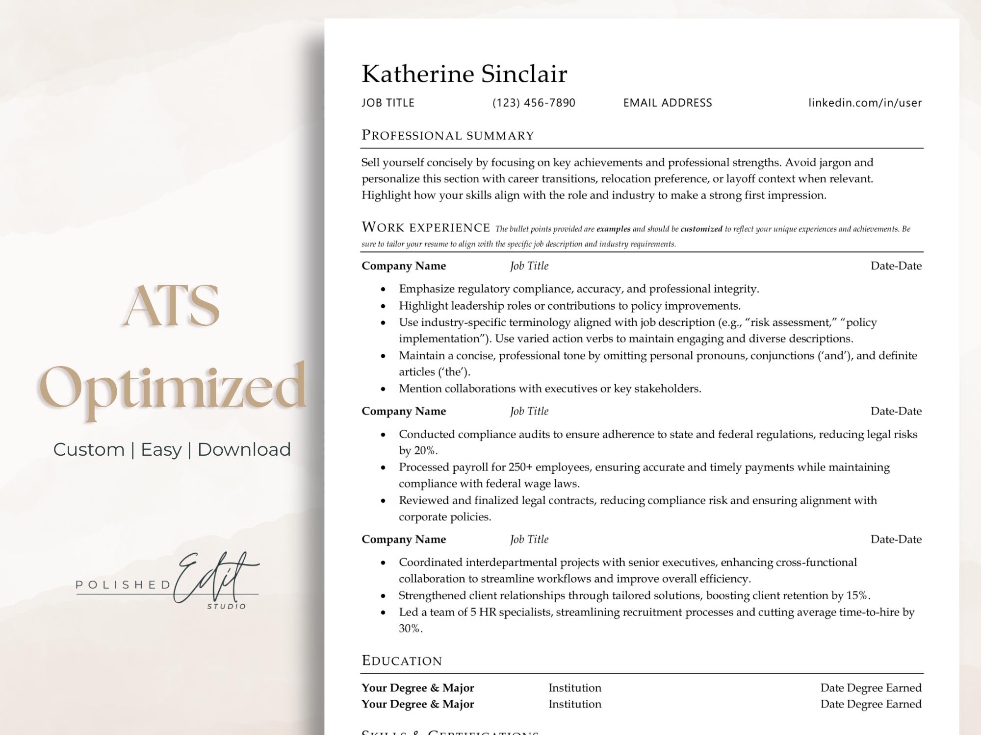 Classic Professional Resume Template | ATS-Friendly for Law, Accounting, Government & HR | Microsoft Word | Google Docs