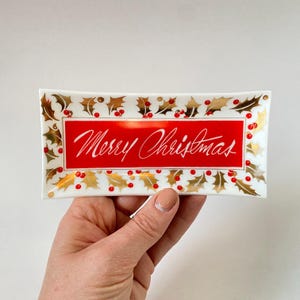 Vintage Milk Glass Christmas Candy Plate: Holly Berry and Gold Accents Tray
