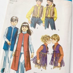 May include: Vintage sewing pattern featuring illustrations of children's clothing. The designs include vests, shirts, and pants in various colors. The pattern shows different outfit combinations, with a focus on retro fashion styles. The text "Breast 26 Child" is visible.