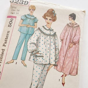 Vintage 50s Simplicity 3239 Sewing Pattern - Pajama and Nightgown - Size 14