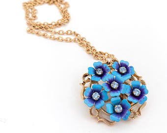 Vintage 1970s Avon Love Blossoms Necklace - Forget Me Not Flower Brooch Pendant