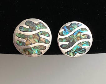 Vintage Taxco Sterling Silver and Abalone Earrings: Mexican Inlaid Shell Screw Backs