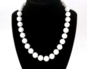 Vintage White Round Bead Necklace - Retro Wedding Choker - 16"