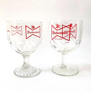 Vintage Budweiser Glass Drinking Goblets - Mismatched Set of 2 Stemmed Thumbprint Glasses - 1970s Promotional Beer Advertising Barware