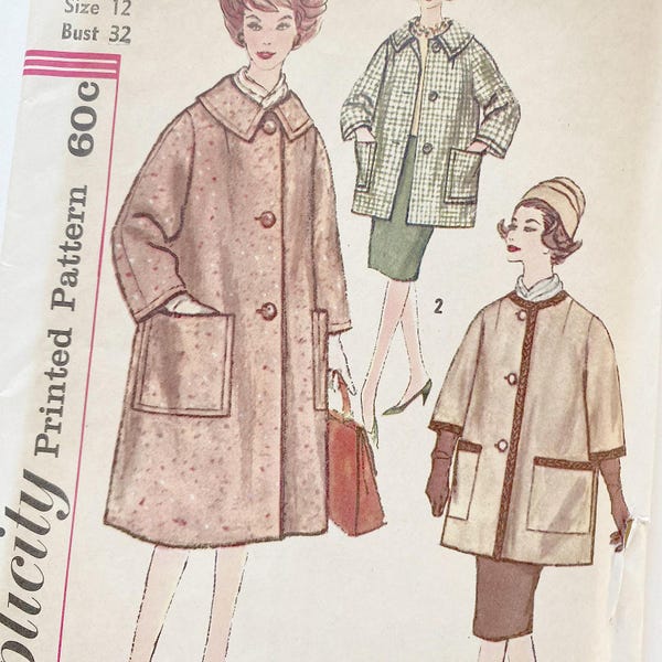 Vintage 60s Simplicity 3630 Sewing Pattern UNCUT - Coat in Two Lengths - Misses' Size 12