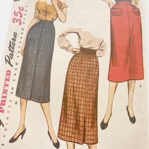 May include: Vintage sewing pattern featuring three skirt designs. The skirts are shown in gray, plaid, and red. The pattern includes the text "Printed on each pattern piece" and the price "35c".