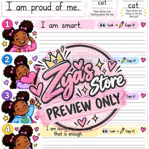 May include: An educational handwriting practice worksheet titled Positive Words for a Brighter You. It features four numbered sections with illustrations of a girl, writing lines, and instructions to copy sentences like I am smart and I am doing my best.