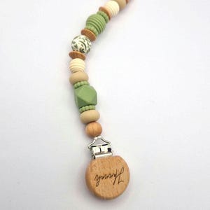 Personalized pacifier chain with engraving | Wood & Silicone Natural Green Beige | Gift for birth | Handmade pacifier chain for babies