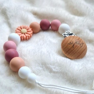 Personalized Flower Pacifier Chain Pink – With Name & Engraving – Baby Gift Birth and Baptism – Lovingly Handmade Pacifier Chain