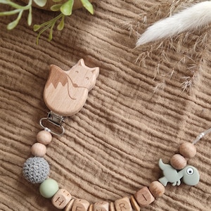 Cadena para chupete con nombre y motivos de animales – 100% hecho a mano, regalo personalizado para bebés, regalo para bebé, letras de madera