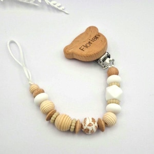 Personalized pacifier chain with engraving | Wood & Silicone Natural Boho Beige | Gift for birth | Handmade pacifier chain for babies