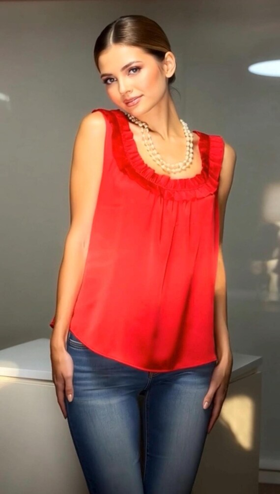 Vintage LOFT Ruby Red Satin Holiday Blouse | Pinn… - image 6