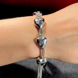 Bracelet vintage torsadé coeurs coulissants en argent sterling et cristal de Brighton fermoir à bascule signé image 4