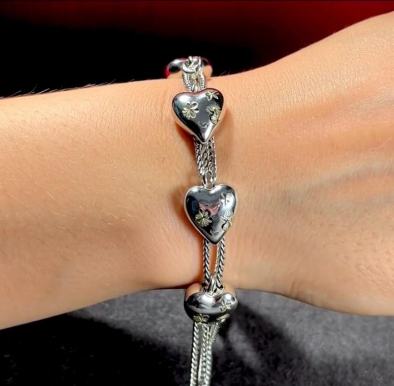 Bracelet vintage torsadé coeurs coulissants en argent sterling et cristal de Brighton fermoir à bascule signé image 4