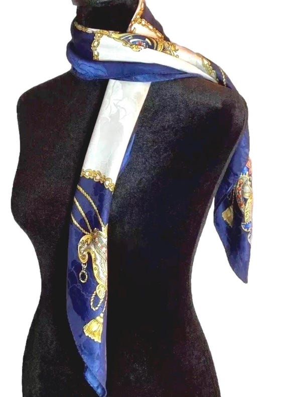 Vintage Leslie Fay Scarf 1980s Blue & Gold Nautic… - image 12