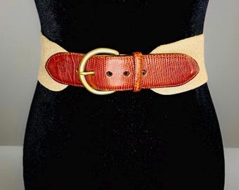 Vintage 1980s Brighton Croc Geprägtes Leder & Messing Stretch Gürtel - Restauriert