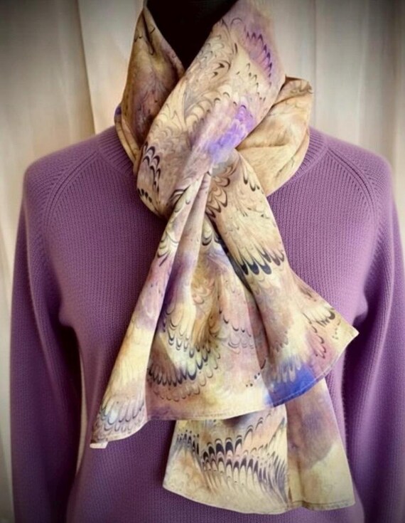 Vintage Gail Mackenzie Hand-Marbled Silk Scarf - Reversible Multicolored OOAK Design with Buckle