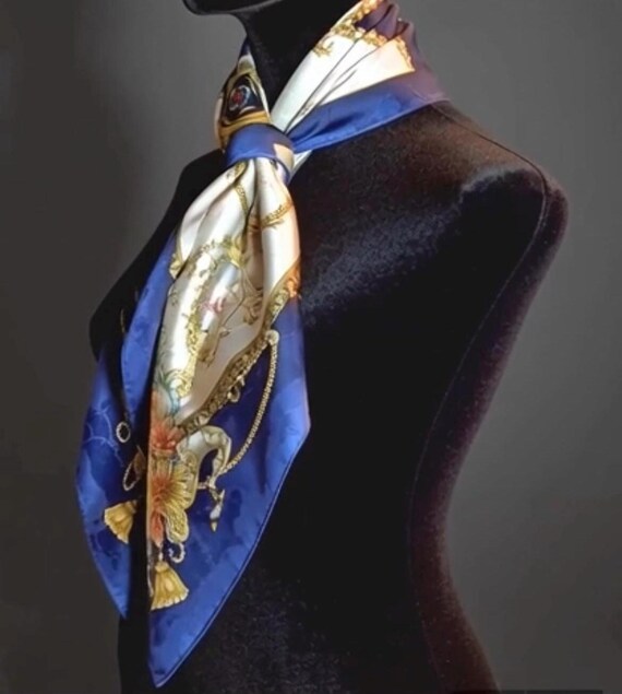 Vintage Leslie Fay Scarf 1980s Blue & Gold Nautic… - image 1