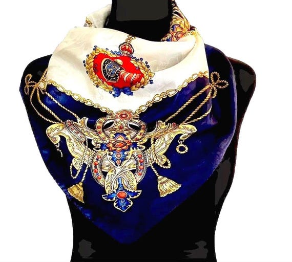 Vintage Leslie Fay Scarf 1980s Blue & Gold Nautic… - image 13