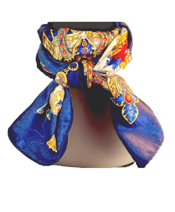 Vintage Leslie Fay Scarf 1980s Blue & Gold Nautic… - image 11