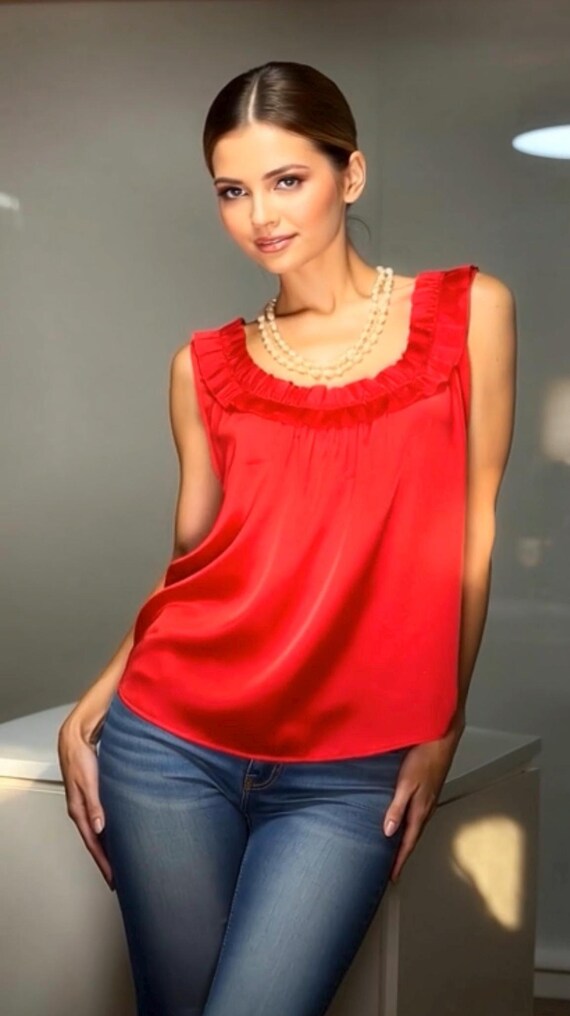 Vintage LOFT Ruby Red Satin Holiday Blouse | Pinn… - image 1