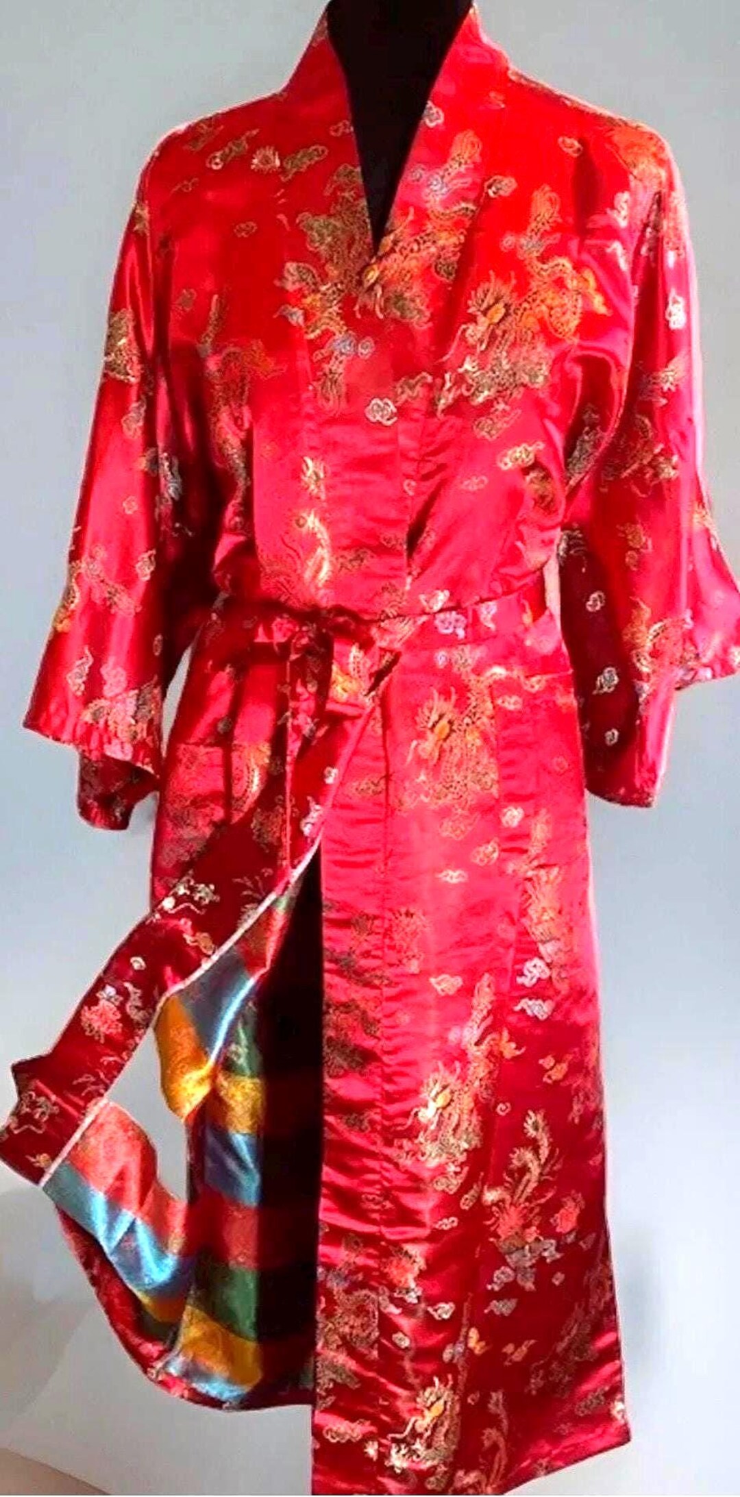 Vintage 1960s Red Robe Dragon Phoenix Embroidery Multicolored Lining ...