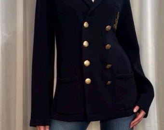 Polo pull blazer Ralph Lauren vintage des années 1980 - Laine et cachemire bleu marine avec appliqué écusson, Taille M