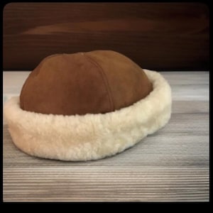Handmade Warm Sheepskin Sherpa Hat - Size S (26”), Caramel Leather, Made in USA