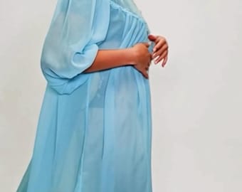 plumeau en mousseline de soie Diana of CA turquoise des années 1950, broderie Peignoir blanc, nylon-M