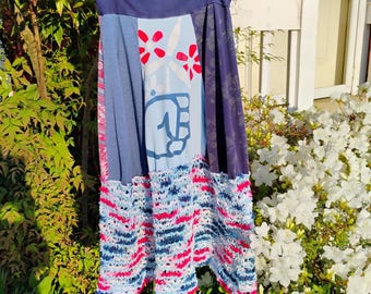 Crochet-Upcycled Midi Skirt - Original One of a Kind, Crocheted Red White Blue Americana, Small