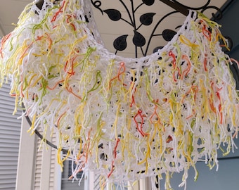 Fringy Crocheted Cotton Pullover Capelet - Handmade OOAK Original - White Yellow Green Orange
