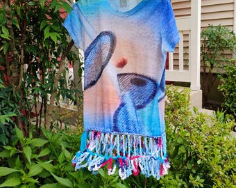 Crochet-upcycled Boho Tunic - Hand-crocheted Americana red white blue + Racquet design t-shirt, OOAK