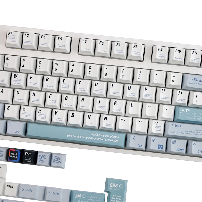 May include: White mechanical keyboard with light blue accents. The keyboard has various function keys, alphanumeric keys, and special keys. The keycaps have text labels. The keyboard is designed for computer use.