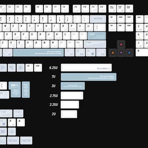 May include: A top-down view of a mechanical keyboard with white keycaps and light blue accents. The keyboard layout is visible, with various key sizes and labels. The image includes additional keycaps and labels, with the text "HELLO WORLD" and "Basic code completion".