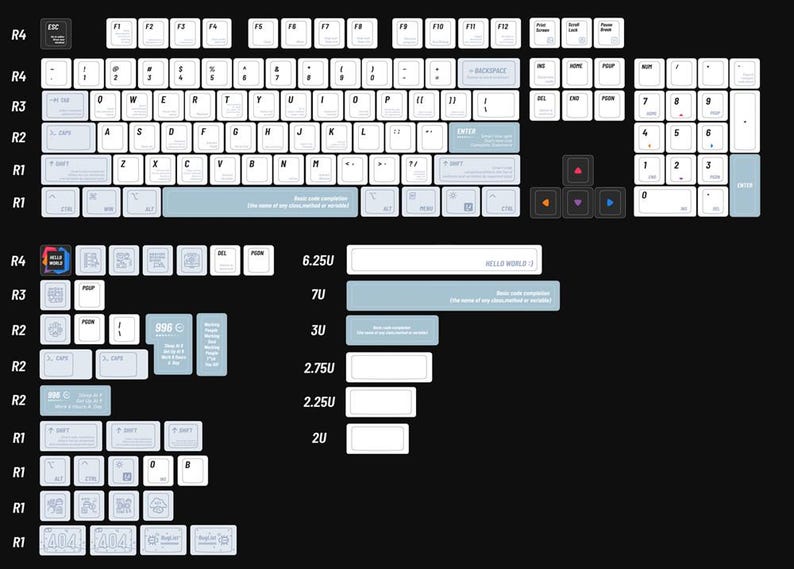 May include: A top-down view of a mechanical keyboard with white keycaps and light blue accents. The keyboard layout is visible, with various key sizes and labels. The image includes additional keycaps and labels, with the text "HELLO WORLD" and "Basic code completion".
