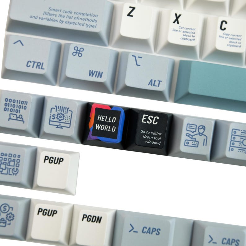 May include: Close-up of a computer keyboard with various keys. The keys are light blue, white, and black. Some keys have text like "CTRL", "WIN", "ALT", "ESC", and "HELLO WORLD". Other keys have symbols and icons.