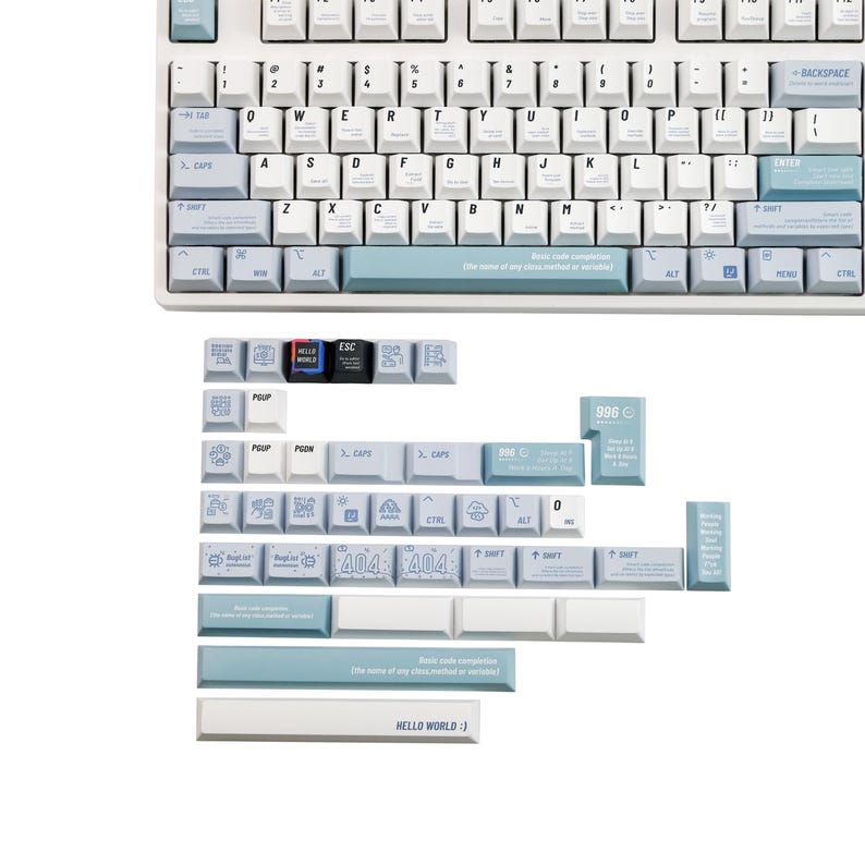 May include: A white mechanical keyboard with light blue accents and keycaps. The keyboard has a standard layout with alphanumeric keys, function keys, and a number pad. Additional keycaps are included, some with text like "HELLO WORLD :)" and "404".