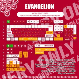 May include: A set of Evangelion-themed keycaps in various colors, including red, white, and yellow. The keycaps are designed for mechanical keyboards and feature unique symbols and text. The set includes 140 keys and supports multiple keyboard configurations.