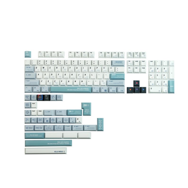 May include: A disassembled mechanical keyboard with white and teal keycaps. The keycaps are arranged to show the layout, with various sizes and shapes. Some keycaps have text, including "BACKSPACE" and "HELLO WORLD".