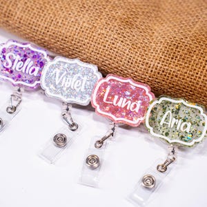 Naambadge glitter acryl, gepersonaliseerde ID-houder, intrekbare haspel, naamplaatje, ID-kaartbadgehouder, haspel naambadge, cadeau verpleegkundige leraar cadeau