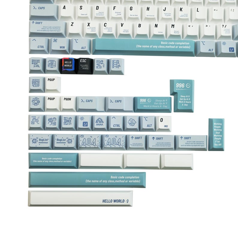May include: A set of custom mechanical keyboard keycaps in a light blue and white color scheme. The keycaps feature various icons, text, and the phrase "HELLO WORLD :)". The keycaps are designed for a keyboard.