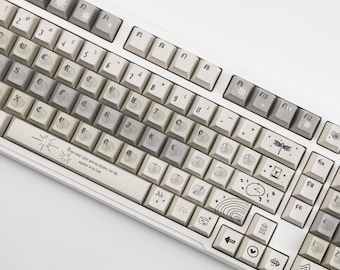 Teclas PBT Boho Celestial Desenhadas à Mão, Teclas Minimalistas com Estrelas do Zodíaco em Arte Linear, Estética Branca para Teclado Mecânico Cherry MX, Presente para Gamers