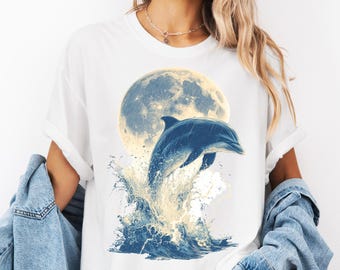 Dolphin Midnight Vintage PNG, Retro Ocean Moonlight Digital Design (Digital Download)