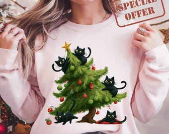 Funny Christmas Cat Tree PNG, Holiday Design (Digital Download)