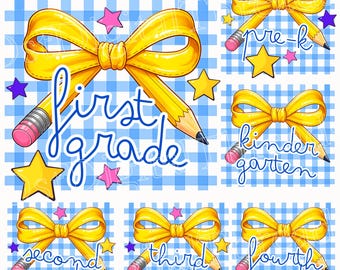 Pacchetto PNG "Ritorno a scuola" di Coquette: Fiocco a matita PNG, Primo giorno di scuola PNG, Sublimazione per la scuola materna fino alla quarta elementare (Download digitale)