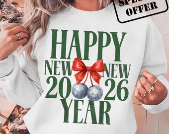 Coquette Happy New Year 2026 PNG: Disco Ball Cherries Christmas Design (Digital Download)