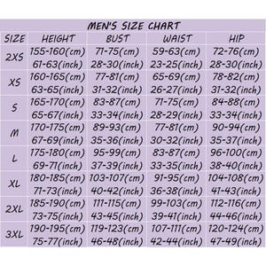 以下が含まれることがあります： 「MEN'S SIZE CHART」と書かれた男性用のサイズ表。センチメートルとインチの両方の測定値が記載されています。2XSから3XLまでのサイズがあり、身長、バスト、ウエスト、ヒップのサイズが詳細に示されています。