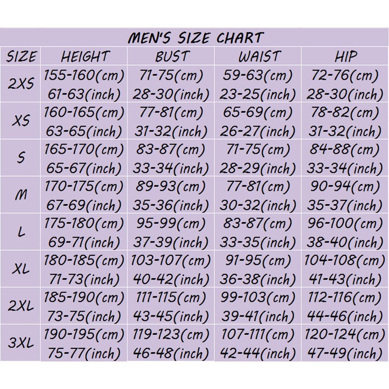 以下が含まれることがあります： 「MEN'S SIZE CHART」と書かれた男性用のサイズ表。センチメートルとインチの両方の測定値が記載されています。2XSから3XLまでのサイズがあり、身長、バスト、ウエスト、ヒップのサイズが詳細に示されています。