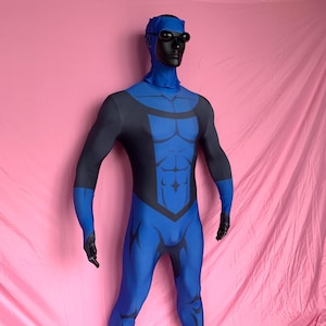 May include: A blue and black superhero costume with a hood, goggles, and gloves. The costume features a stylized torso design and flame-like accents on the legs. The mannequin is set against a pink backdrop.