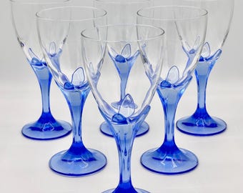 Bormioli Bouquet set van 6 wijnglazen uit de jaren 80, blauwe steel met bloem, vintage, gemaakt in Italië, 175 mm